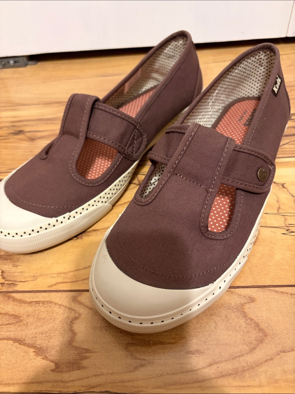 Keds Maryjane Bumper Toe Brown Canvas Polka Dot Snap Close size 10